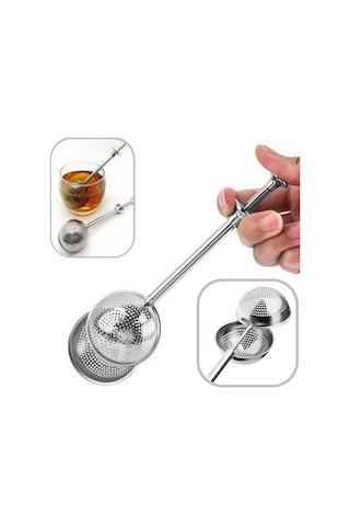 Çelik Tek Hareket Çay Demleme Aparatı Bitki Çayı Süzgeci 18,5x4,5 Cm Çay Kahve Bitki Demleme Süzgeç Gümüş