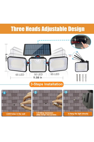 Vkemall Dış Mekan Güneş Enerjili 180 Led İçinimli Duvar Lambası, Üç Ayaçlı Dönüşümlü, Ip65 Su Geçirmez, 400lm, Işık Kontrolüyle Aydınlatma