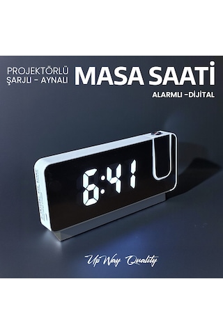 Upway Projektörlü Aynalı Alarmlı Şarjlı Dijital Masa Saati - Şık Dekoratif Fonksiyonel Beyaz