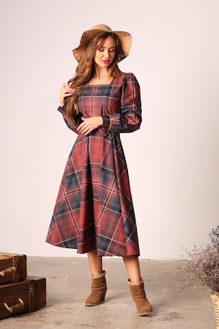 Vintage Kahve Kloş Kare Yaka Elbise