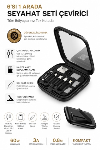 6'sı 1 Arada Seyahat Seti Çevirici 60w Hızlı Şarj, Sım Kart İğnesi, Usb Dönüştürücü, Nano & Micro Sd Kart Yuvası 1 Adet