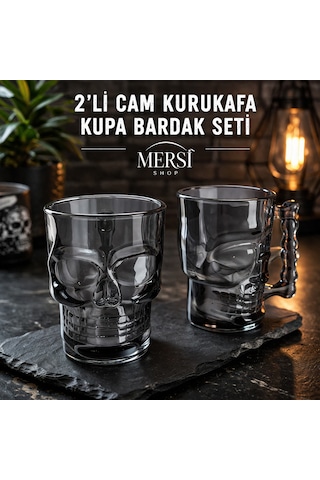 2 Li Cam Kurukafa Kupa Bardak Seti Gotik Tasarım Şeffaf Skull Kupa