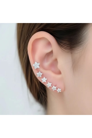 Tektaş Küpe Yıldız Model Tektaş Üçlü Set Küpe Kararmaz Çelik Silver