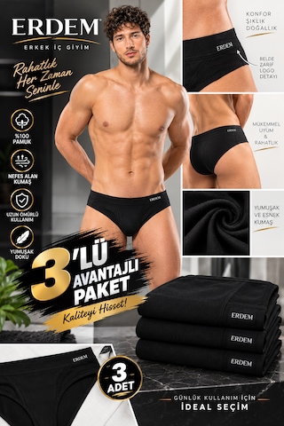 Erdem Erkek Siyah Pamuk Elastan Slip-3'lü Paket- 1340sw