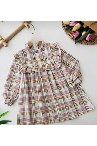 Ekose Çiçek Nakış Detaylı Kız Çocuk Elbise - Yeşil Yeşil