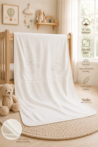 Kız Erkek Bebek Çift Katlı Pamuk Natural Penye Battaniye Stl7236 Beyaz - Fuşya