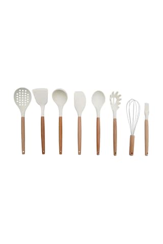 Qerhome 8 Parça Bambu Saplı Silikon Kepçe Spatula Mutfak Seti Krem
