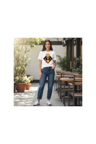 Urbantrendstore Unisex Uzaylı Barış Baskılı Oversize Fit Rahat Geniş Salaş T-shirt Günlük Tişört Beyaz