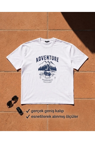 Büyük Beden Bisiklet Yaka Baskılı Erkek Tshirt Beyaz