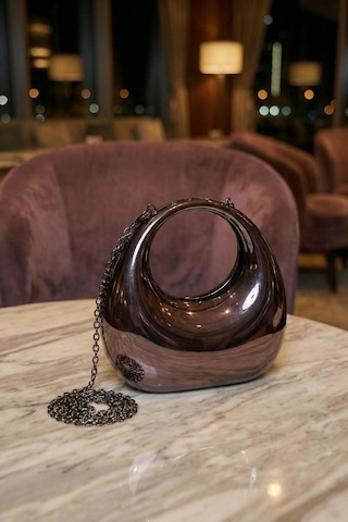 Vivazzaluxe Modern Tasarım Oval Tutmalı Küçük Boy Kadın Abiye El, Omuz Çanta Metalik