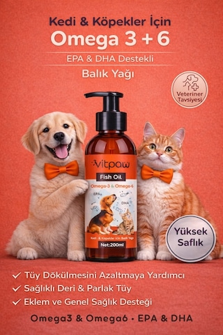 Vitpaw Kedi ve Köpekler İçin Balık Yağı Omega 3-6 EPA - DHA Tüy ve Bağışıklık Desteği Fish Oil 200 ML