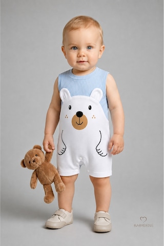 Babyden's Erkek Bebek Yazlık Ayıcık Baskılı Fitilli Tulum %100 Pamuk Kolsuz Şort Tulum Yenidoğan Bebek Romper 0-9 Ay Mavi