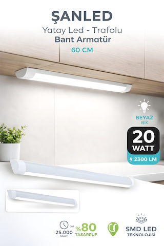60 Cm 20 Watt Yatay Led Bant Armatür-trafolu Beyaz Işık-10 Adettir