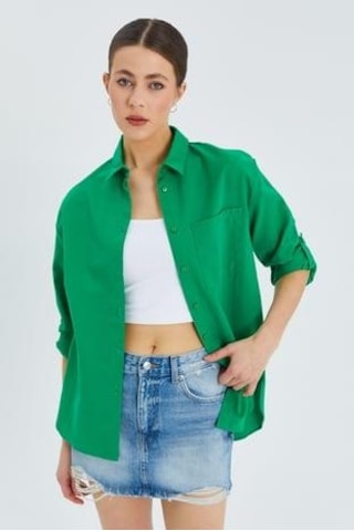 9942 Kadın Oxford Uzun Kol Basic Gömlek Yeşil Yeşil