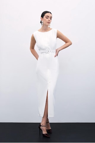 Sateen Kemerli Kalem Elbise - Ekru-135813 Ekru