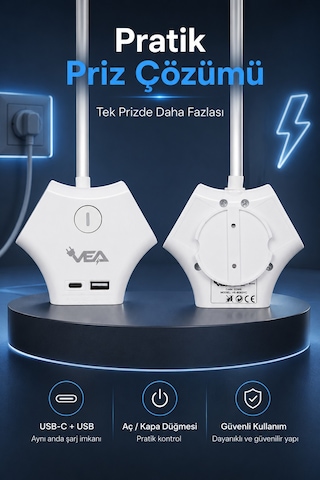 3'lü Grup Priz 2 Usb Type-c Girişli Ayrı Anahtarlı 1.5 Metre Uzatma Kablosu 16a 3680w Ev Ofis Duvar Monteli 0