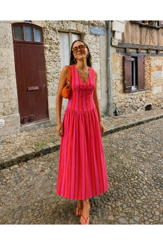Asurboutique Asur Butik Kadın Fuşya Pembe Çizgili V Yaka Midi Elbise Kolsuz Yazlık Günlük Şık Elbise