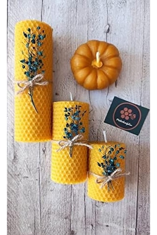 Dekoratif Doğal Petek Balmumu Mum Bal Kabağı Çiçekli Set Bal Mumu Mum Hediyelik 000 Açık Krem