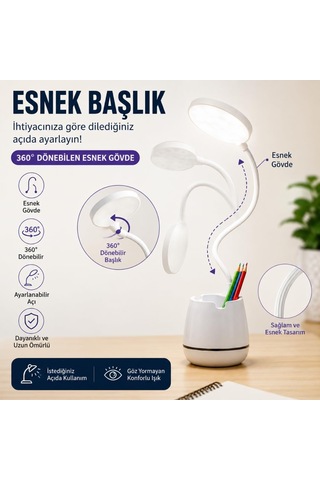 Tr Masa Lambası, Esnek Gövdeli Gece Lambası Ve Kalemlik, Dokunmatik Işık Parlaklığı Hassasiyeti, 3 Farklı Renk Diğer