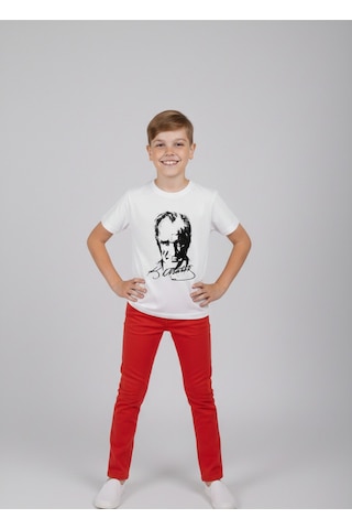 Nacar Store Erkek Çocuk Atatürk Baskılı T-shirt Ve Kırmızı Keten Pantolon Takım 23nisan Ve Özel Günler Kırmızı-beyaza Siyah Atatürk