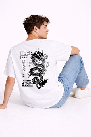 Nevermind Oversize Erkek Tişört Arkası Baskılı Dragon Japon Style Streetwea Beyaz