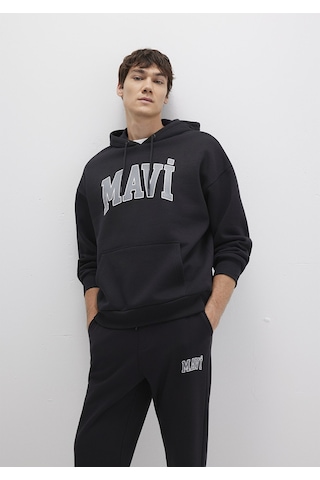 Mavi 067149-902 Mavi Logo Baskılı Kapüşonlu Sweatshirt - Siyah