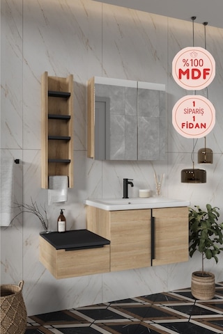 Zakkum 100 Cm %100 Mdf Lavabolu Banyo Dolabı Lefkas Meşe