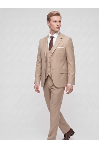 Tk6896 Erkek 3 Parça Slim Fit Çift Yırtmaçlı Takım Elbise Yelekli Şık Klasik Takım 6 Drop Camel