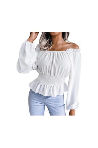 İlkbahar Ve Sonbahar Kadın Bluz Uzun Kollu Seksi Tek Boyun Straplez Hem Fırfır Şifon Bluz Tops Şarap Kırmızısı