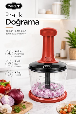 Üstten Basmalı Manuel Doğrayıcı Rondo Sebze Meyve Soğan Sarımsak Pratik Mutfak Doğrayıcı Kırmızı