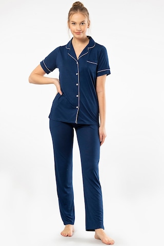 Türen 3368 Kadın Kısa Kollu Gömlek Yaka Pijama Takım-lacivert Lacivert