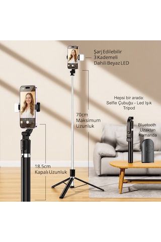 Genz Bilişim Led Işıklı Selfie Çubuğu Ve Bluetooth Kumandalı Kablosuz Selfie Stick Max: 70 Cm Uzunluk Siyah