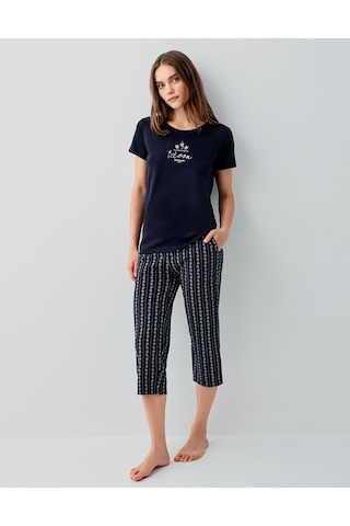 Pierre Cardin 9207 Modal Pamuk Cepli Kısa Kol Kapri Kadın Pijama Takımı Lacivert