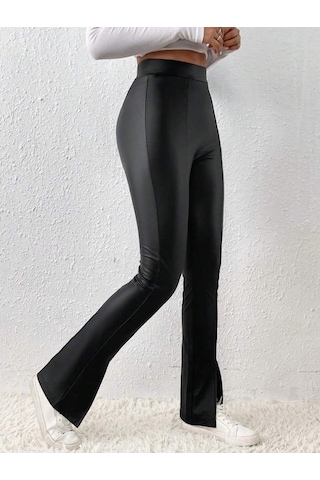 Kadın Yüksek Bel Önden Yırtmaçlı Deri Tayt Siyah