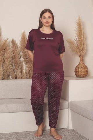 Charme Kadın Büyük Beden Bisiklet Yaka Milan Likralı Kısa Kol Pijama Takımı K601/252 - 1 Adet Bordo