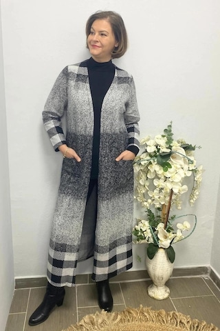 Mia Butik Büyük Beden Gri Desenli Uzun Hırka Gri