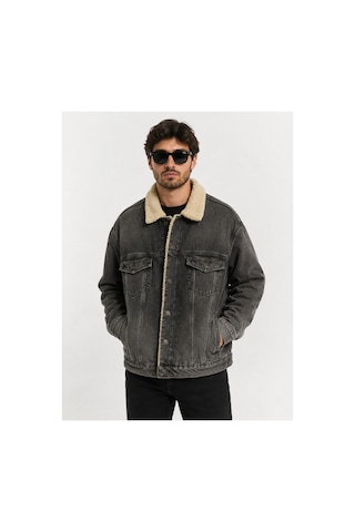 Neco Giyim Erkek İçi Yünlü Kürklü Kot Ceket Antrasit Oversize Denim Kışlık Mont Füme