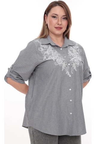 Lady Majestic Büyük Beden Cotton Nakış Detaylı Çizgili Gömlek Şık Ve Rahat Antrasit