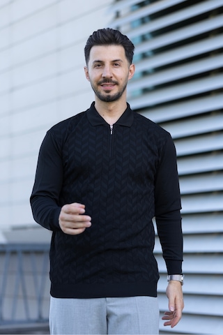 Hk Premium Erkek Triko Kazak Zikzak Desenli Polo Yaka Fermuarlı Slim Fit Siyah