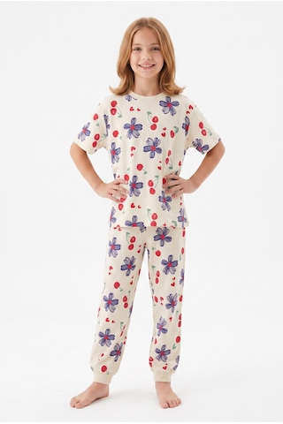 Alkın Kids 3-13 Yaş Kız Çocuk Kiraz Ve Çiçek Desenli %100 Pamuklu Kısa Kollu Pijama Takımı Bej