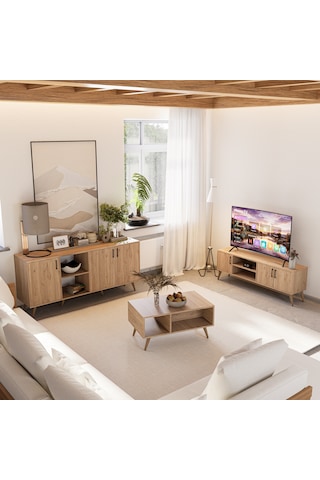 Mezza Set 1586-2076-1626 Exxen (Ahşap Ayaklı) Tv Ünitesi - Orta Sehpa - Konsol Seti Sepet Rengi