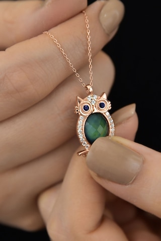Papatya Silver 925 Ayar Gümüş Rose Altın Kaplama Lacivert Göz His Taşı Baykuş Kolye