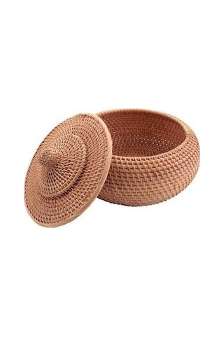 Bosphorusboutique02 Yuvarlak Rattan Sepet, Kapaklı Hasır Meyve Ekmek Kutusu, Rustik Atıştırmalık Kase Diğer