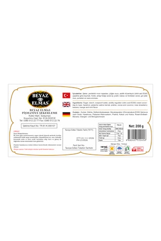 Beyaz Elmas Cezerye 200 Gr - %100 Doğal Pancar Şekerinden Üretilmiştir - Kuruyemişli Geleneksel Türk Tatlısı