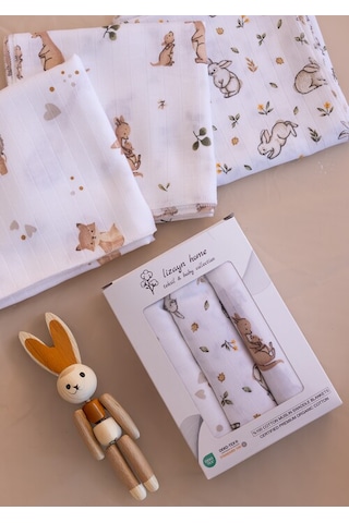 Çok Amaçlı Müslin Örtü & Battaniye 3'lü Set Pamuk Oeko-teks Sertifikalı 80x80 Cm Beyaz - Kahverengi