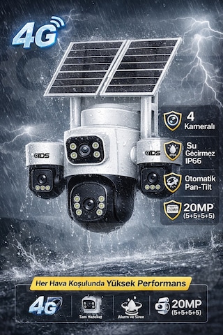 4 Kameralı 3 Otomatik - 4g Güneş Enerjili Solar Güvenlik Kamerası Kişi Takip Dual Led Gece Renkli