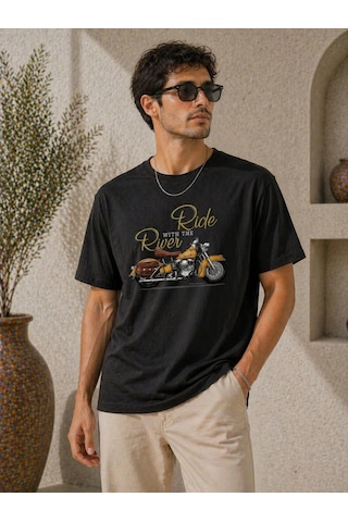 Novalisse Erkek Motosiklet Baskılı Tişört Bisiklet Yaka Kısa Kol Yazlık T-shirt - Siyah
