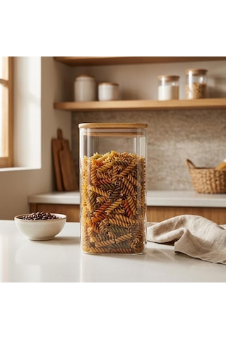 Dikdörtgen Bambu Kapaklı Kavanoz 1300 Ml, Şeffaf Kuru Gıda Saklama Kabı, Makarna Pirinç Bakliyat Kahve Kuruyemiş Ve Granola İçin Mutfak Düzenleyici Kavanoz, 12 X 8 X 20 Cm Çok Renkli