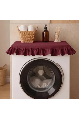 Fırfırlı Çamaşır Makinesi Örtüsü - Çeyizlik Dekoratif Banyo Makine Kılıfı- Bordo