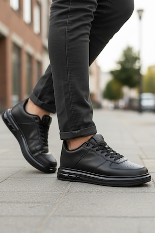 Siyah Bağcıklı Cilt Hafif Esnek Erkek Sneaker 2043 M Siyah-siyah